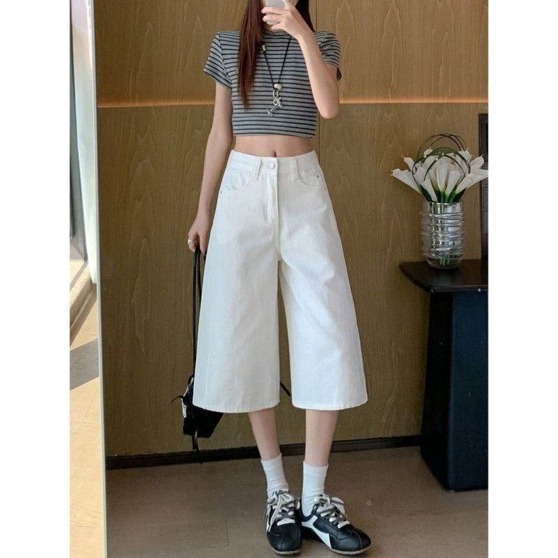 小个子美式高街白色高腰七分牛仔裤女夏季薄款宽松休闲弯刀阔腿裤