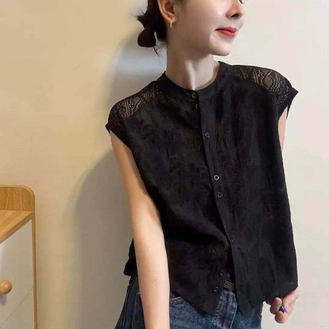 夏季新款韩版时尚蕾丝拼接无袖衬衫上衣女气质显瘦百搭小衫潮