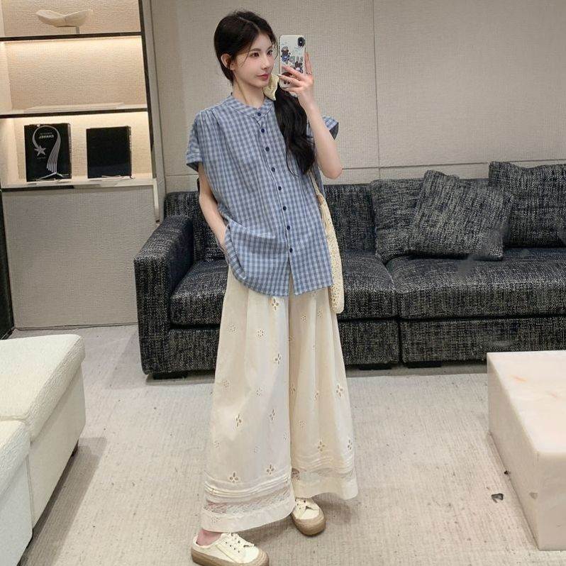 法式浅蓝色格子短袖衬衫夏季新款孕妇装大码清新小众高级别致中长