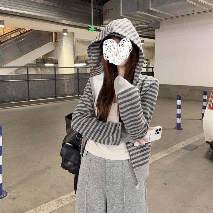 灰色韩系女宽松条纹连帽衫 卫衣美式休闲拉链短款外套 百搭收腰