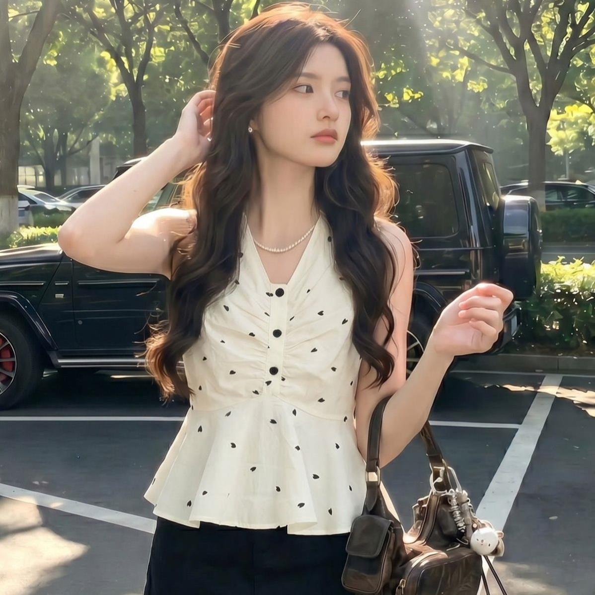 法式爱心印花V领吊带背心2026夏季新款荷叶边设计感修身女款上衣