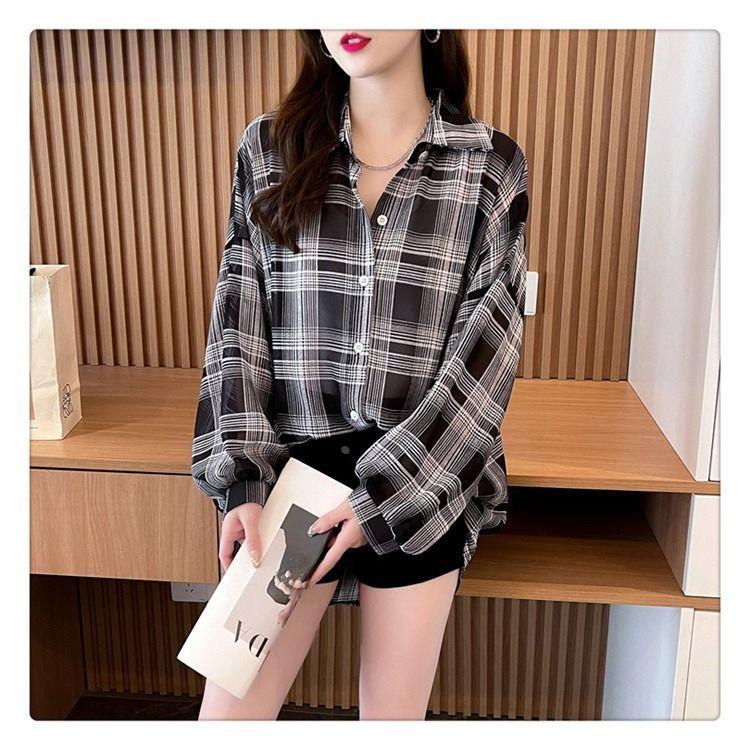 防晒衣服女夏季薄款外套2025年新款韩版宽松百搭长袖雪纺格子衬衣