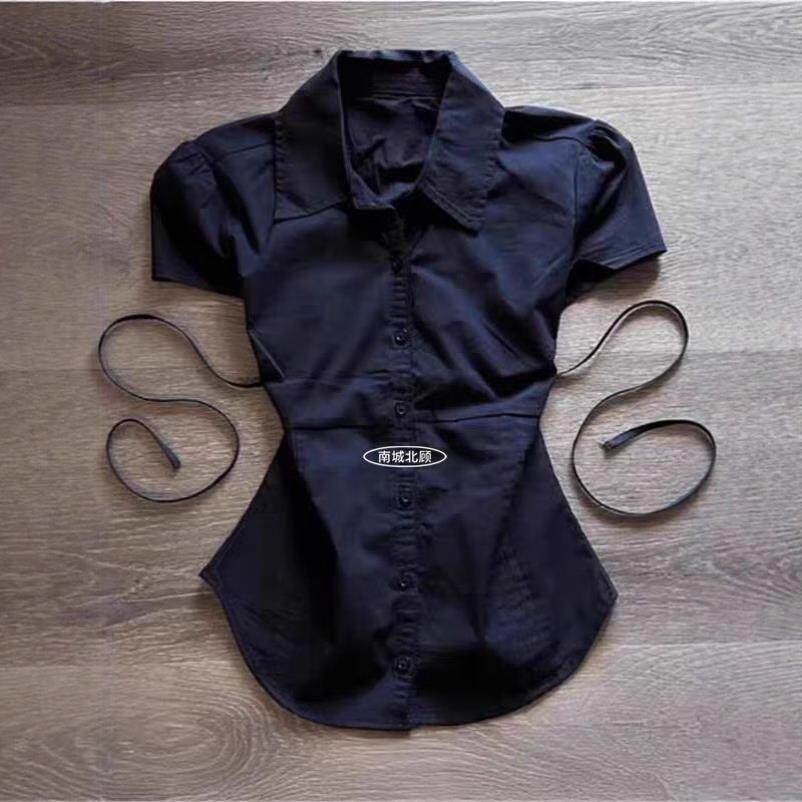 后背绑带收腰短袖衬衫女生JK制服衬衣古着vintage修身显瘦上衣夏