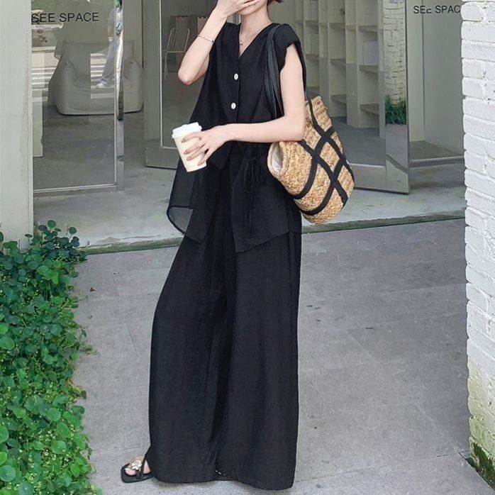 阔腿裤套装女大码女装网纱拼接黑色衬衫2026新款轻熟小众两件套