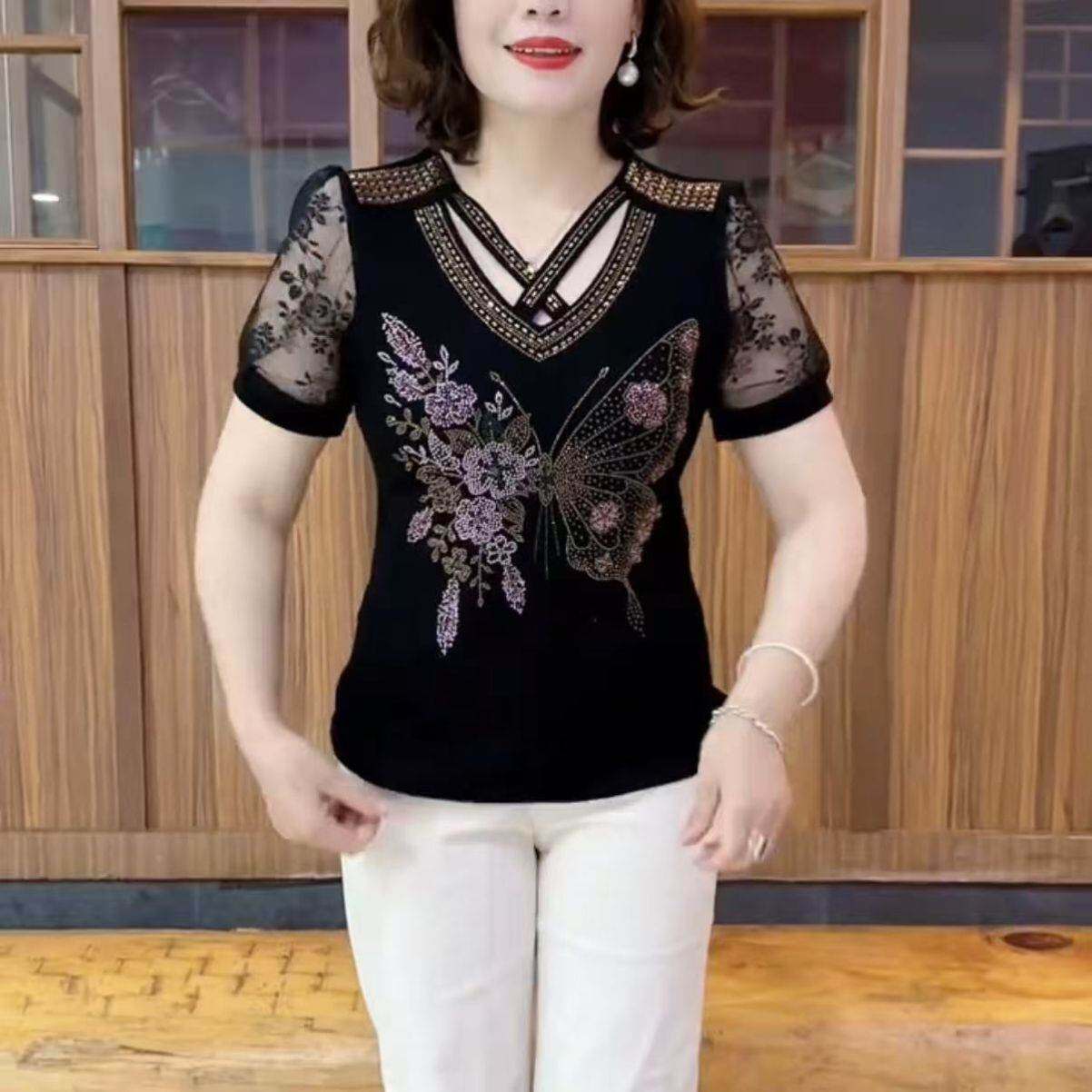 夏季时尚新款短袖女款洋气烫钻宽松显瘦中年妈妈装T恤V领休闲小衫