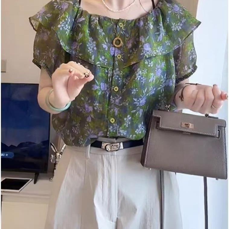 夏新款法式碎花荷叶边短袖雪纺衬衫女一字领露肩凉快小衫显瘦上衣