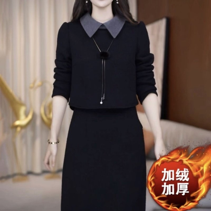 假两件秋冬款连衣裙女2024冬季新款加厚配大衣打底内搭中长裙