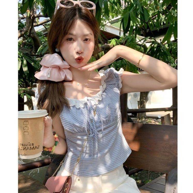 韩系蓝色格子蕾丝花边衬衫女夏季新款辣妹巨好看收腰衬衣上衣