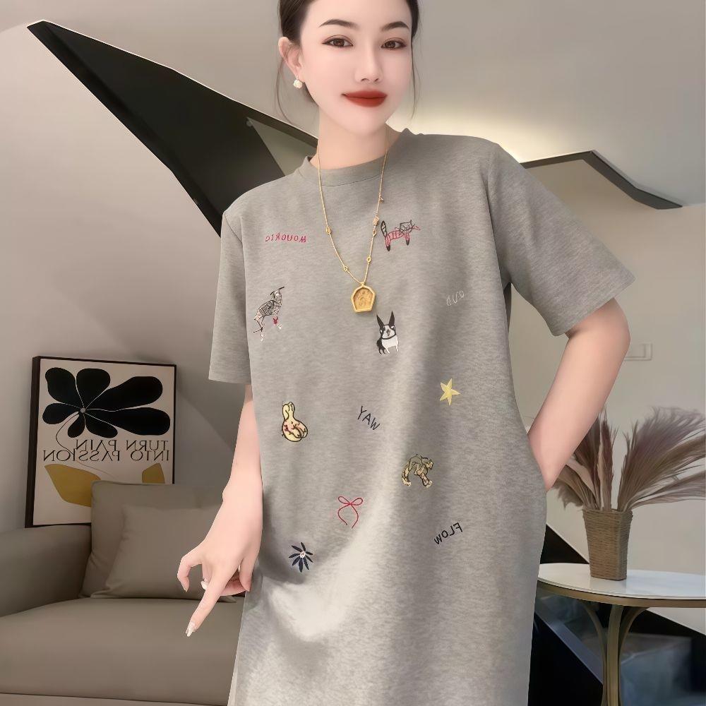 棉夏装新款重工刺绣连衣裙女宽松大码懒惰风中长款短袖T恤裙子