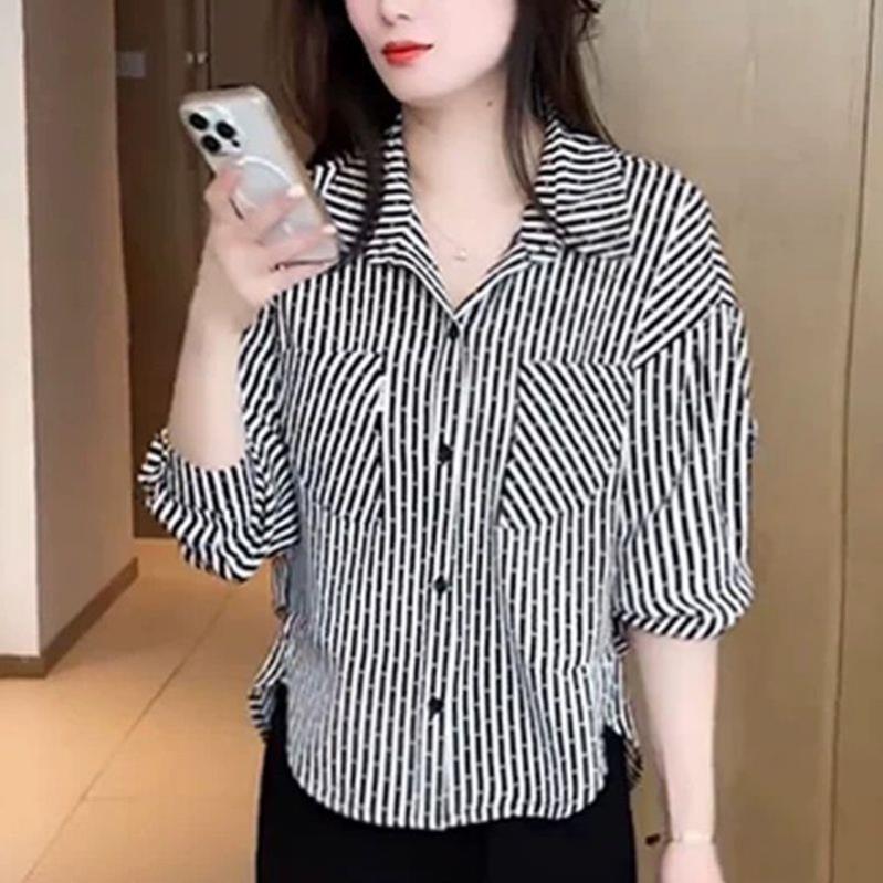 时尚宽松春秋新款显瘦百搭春季条纹衬衫洋气长袖上衣小衫女士显瘦