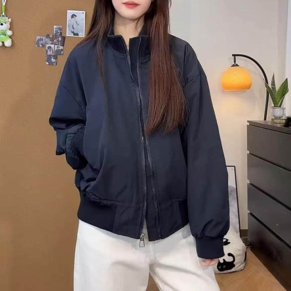 2026美式简约风立领初高中生棒球服女秋冬新款宽松飞行员夹克外套