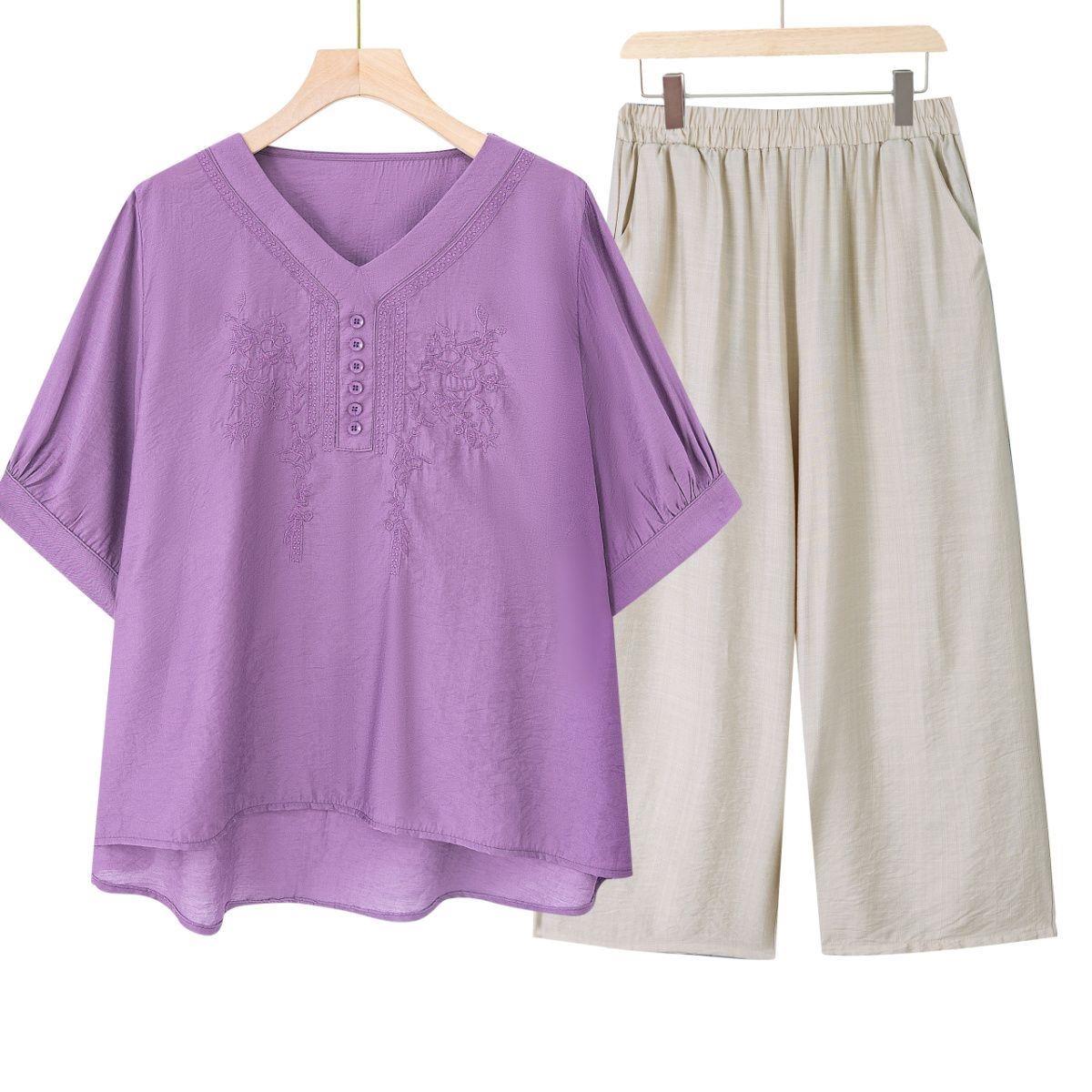 天丝麻套装女装高档刺绣短袖T恤夏季新款中年妈妈两件套裤子上衣