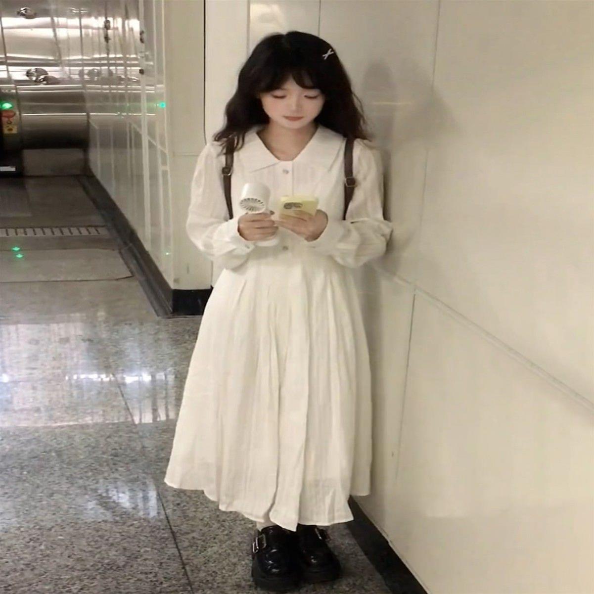 法式温柔白色长袖衬衫连衣裙子女2026新爆款春季绝美气质收腰长裙