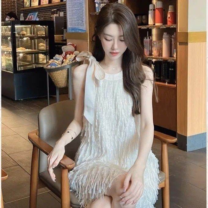 高级感流苏连衣裙女夏季蝴蝶结系带无袖背心短裙子仙女流苏连衣裙