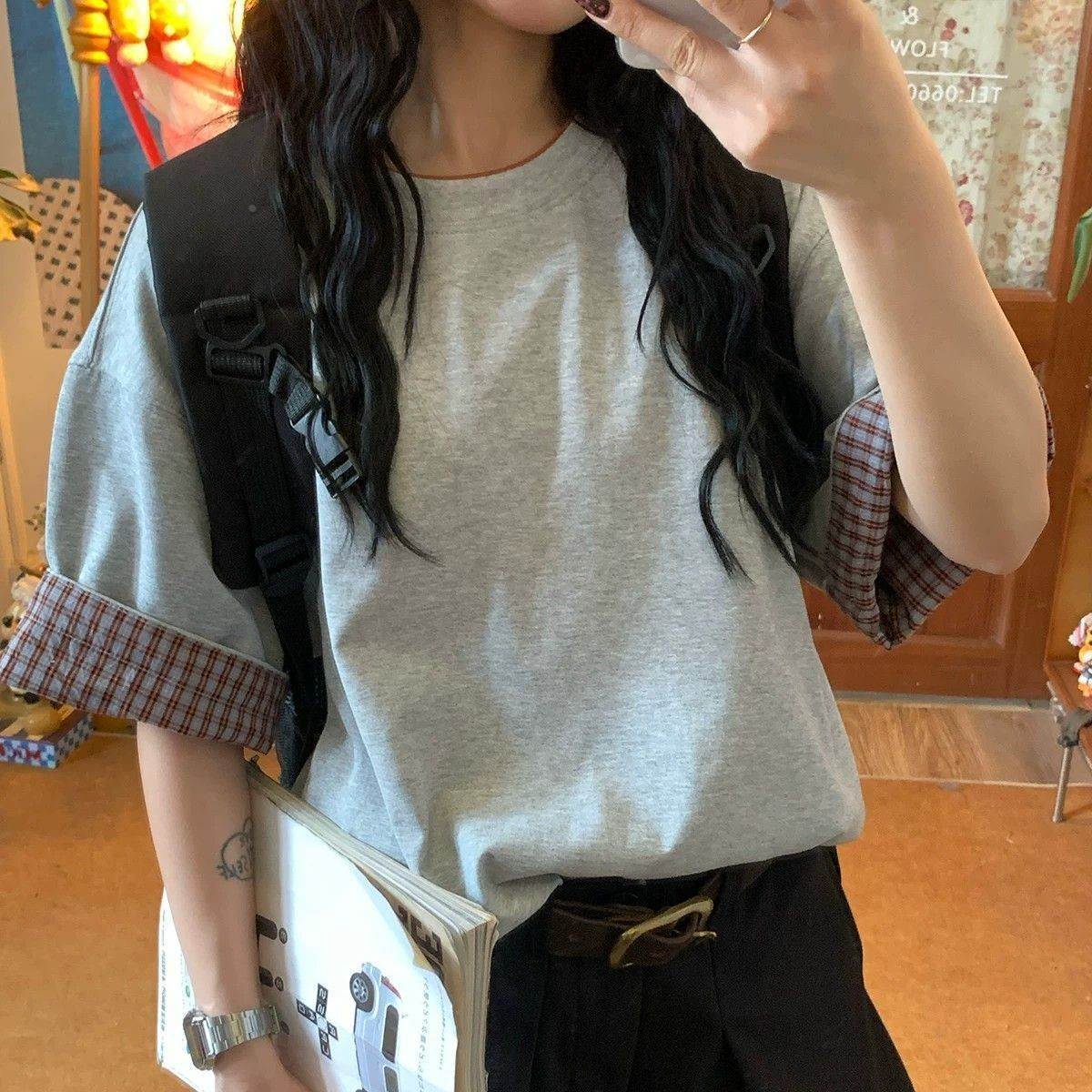 重磅撞色格子翻边短袖T恤女男夏季设计感圆领半袖复古宽松上衣tee