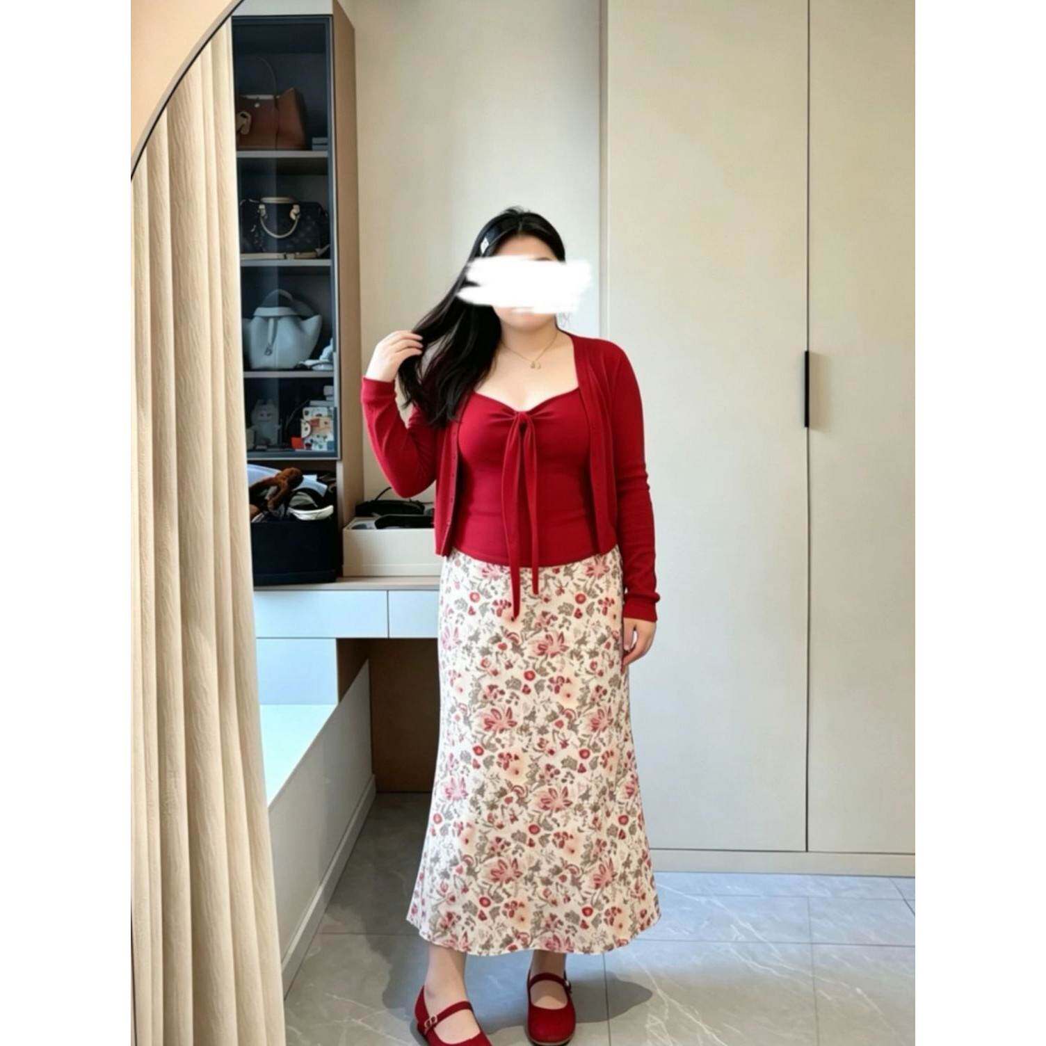 大码女装复古碎花套装女夏季胖mm吊带背心开衫半身裙绝美三件套