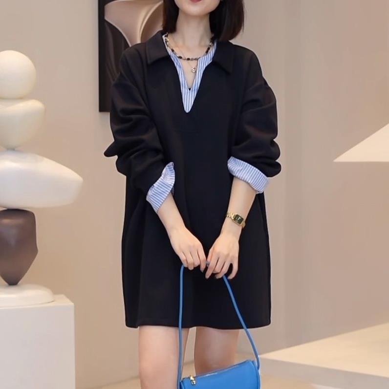 欧洲站时尚休闲连衣裙秋季新款大码设计感假两件气质百搭显瘦中裙