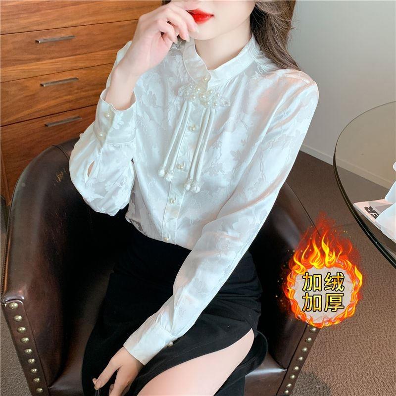春秋季新中式雪纺衬衫2026年新款一体绒加厚女士衬衣长袖国风上衣