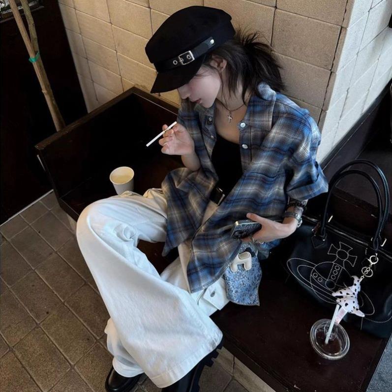格子短袖衬衫女ins夏季韩版女装新款叠穿显瘦百搭衬衣女外搭上衣