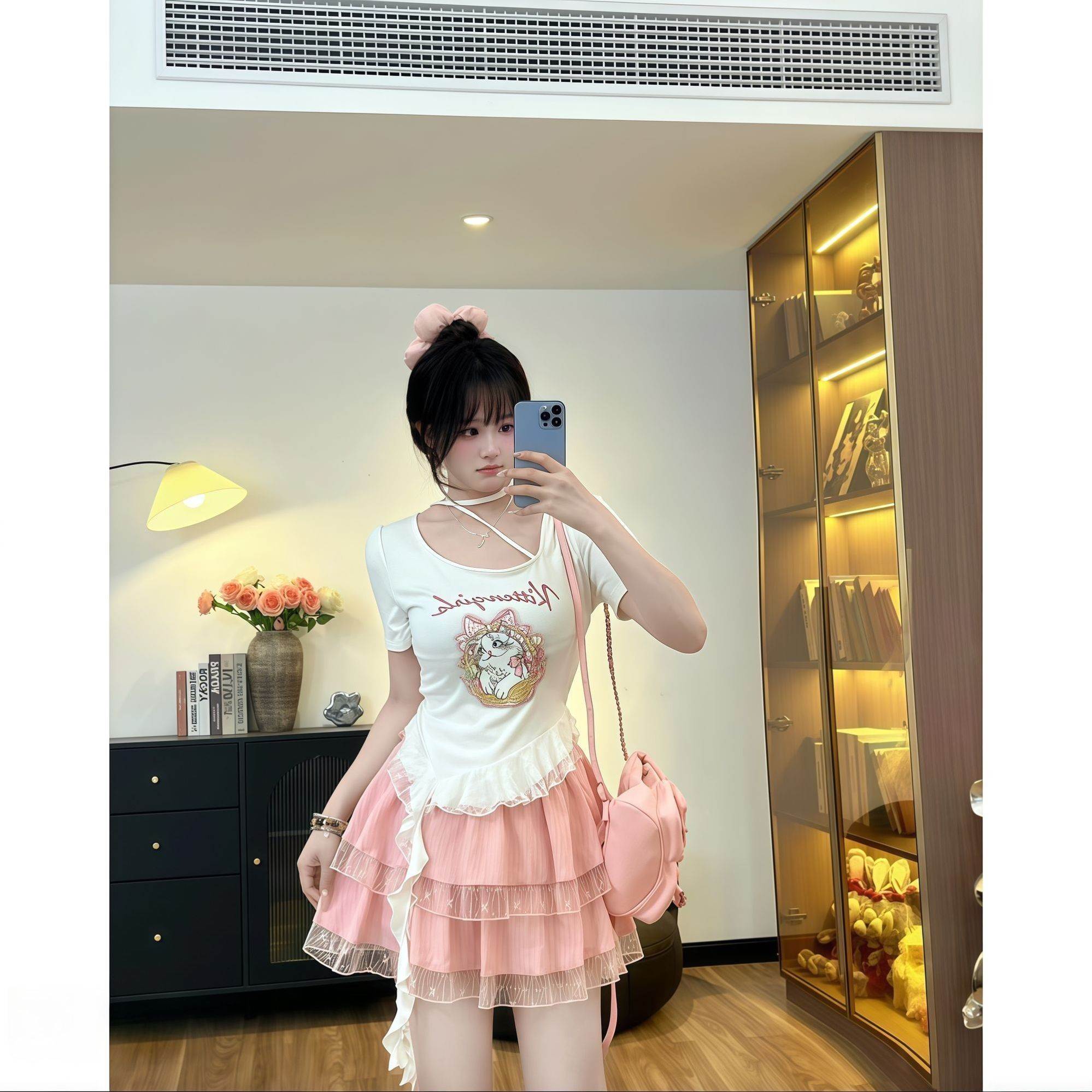 可爱套装甜美时尚少女纯欲风蕾丝高级高腰设计蛋糕半身裙两件套