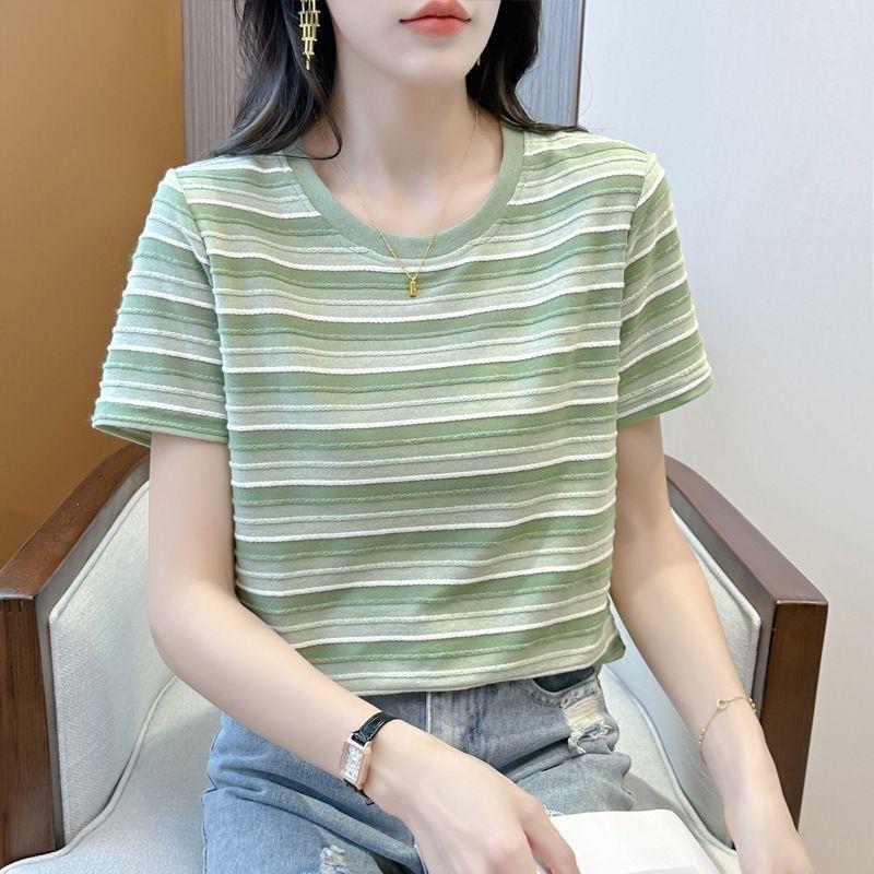 条纹V领t恤女短袖2026新款夏装韩版潮宽松百搭圆领半袖体恤ins潮