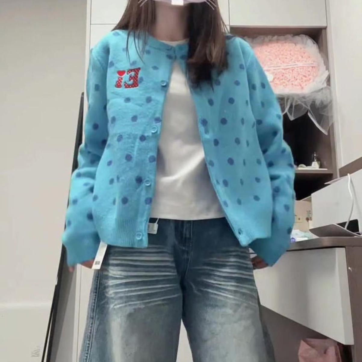 美式复古波点蓝色开衫毛衣外套女春秋季短款软糯慵懒风针织衫上衣