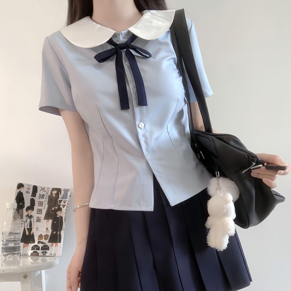 林间萌象原创学院风jk制服圆领收腰短袖衬衫显瘦甜美女百褶裙套装