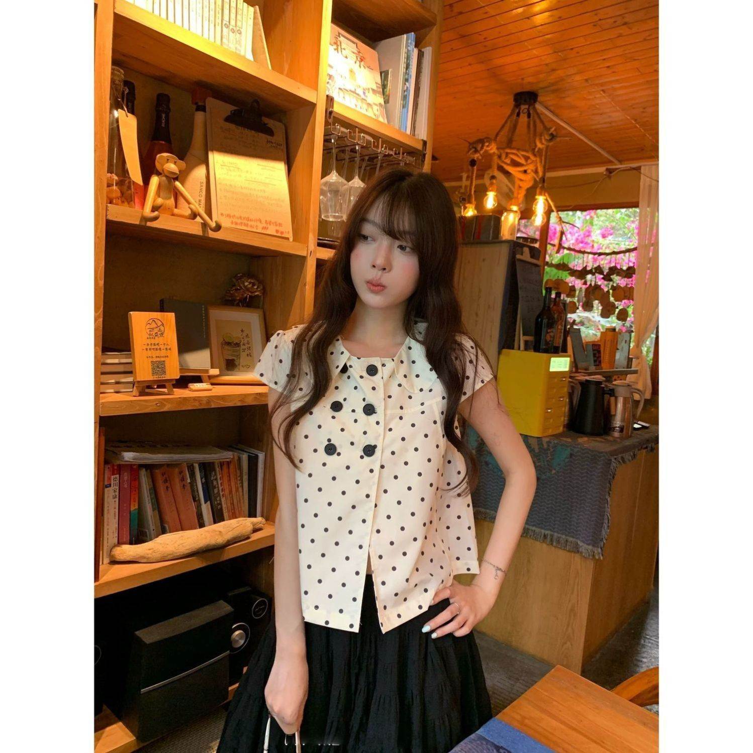 娃娃领短袖衬衫女2026春夏季上衣甜美百搭显瘦衣服春秋款波点上衣