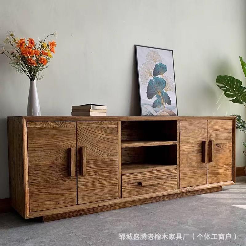 中式榆木电视柜风化纹理实木矮柜家用落地式储物柜子原木靠墙地柜