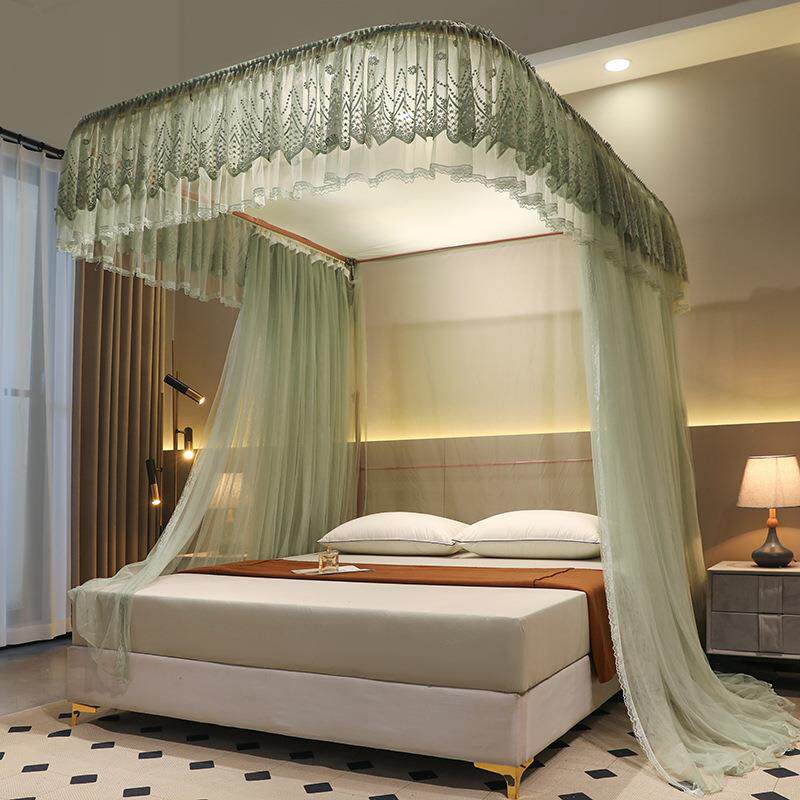 u型导轨蚊帐家用遮光防尘卧室加粗加厚轨道支架杆落地床幔三开门