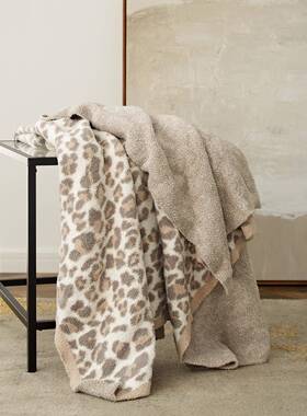 跨境IFY货源半边绒毯软绵豹纹毛线午绵睡毯子盖毯软装浦搭配线毯
