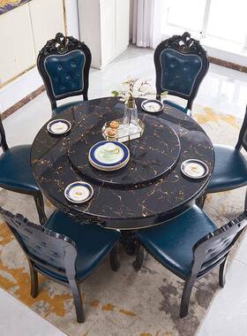 现代餐欧式桌椅26680组合大理石圆轻奢饭桌圆形桌木黑檀实餐厅桌