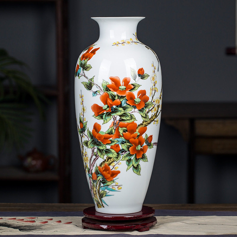 孙邵平老师手绘小花瓶装饰品粉彩茶梅迎春花瓶中式别墅摆件小瓷瓶