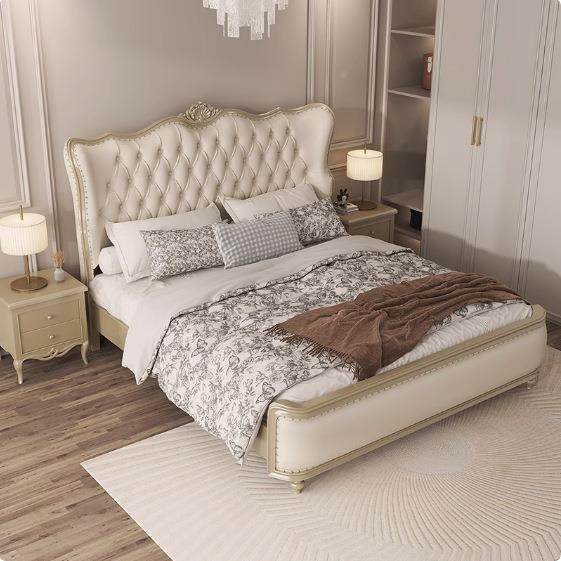 法式轻奢实木床1卧.8GQV米主双人大美床式简约软储包物床宫廷公主