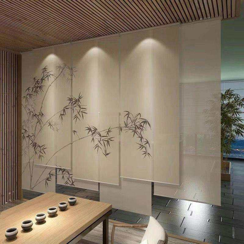 吉祥家新中式办公室窗帘山水卷帘禅意软隔断帘茶室屏风帘客厅