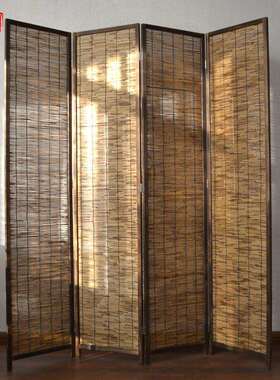 2I新中式实木芦苇屏风隔断墙客厅折叠移动复古做旧酒店餐厅玄关家