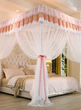 CB#三开门宫廷落地式双层蚊帐床帘一体式家用欧式带支架遮光床幔