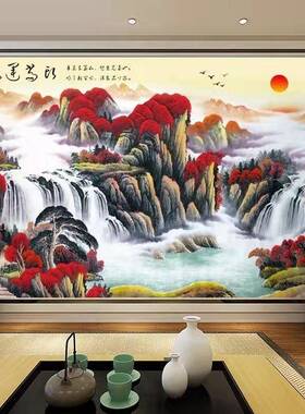 18DIXC电视水背景墙壁纸客厅流新中影式风景墙布生财壁画5D视墙壁