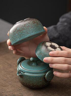 一二杯旅行茶具绿色陶瓷ZOI客杯功夫泡茶杯户外旅行壶快茶壶小套