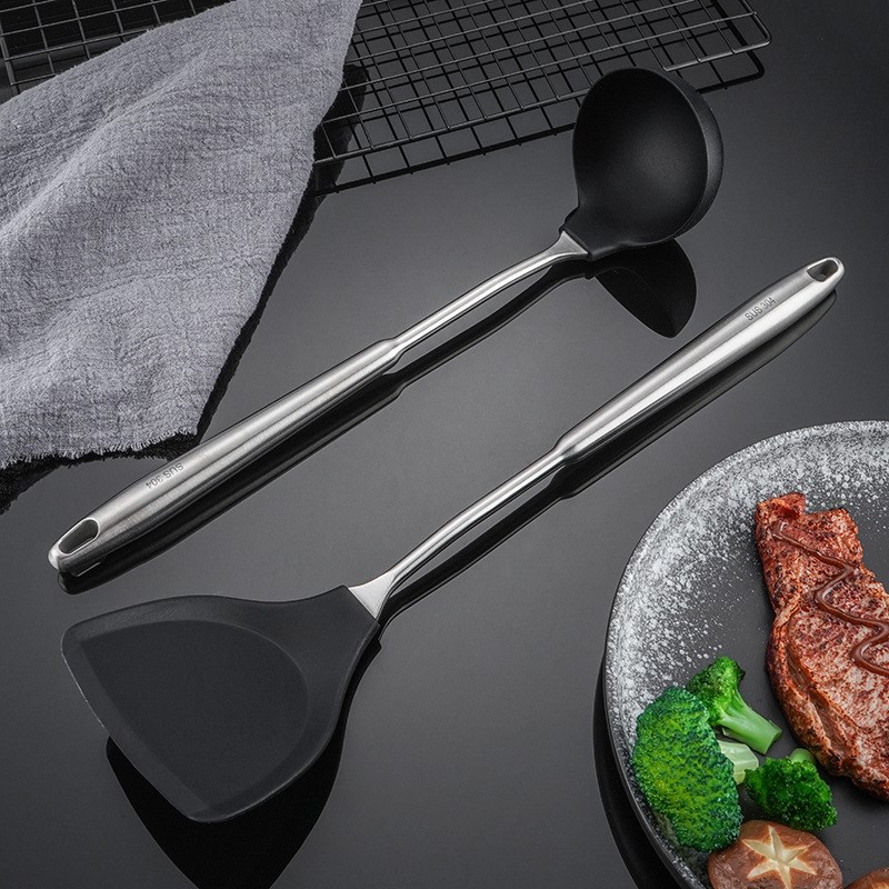 现货不锈钢柄硅胶厨具套装不粘锅硅胶铲漏勺汤勺厨具厨具两件套