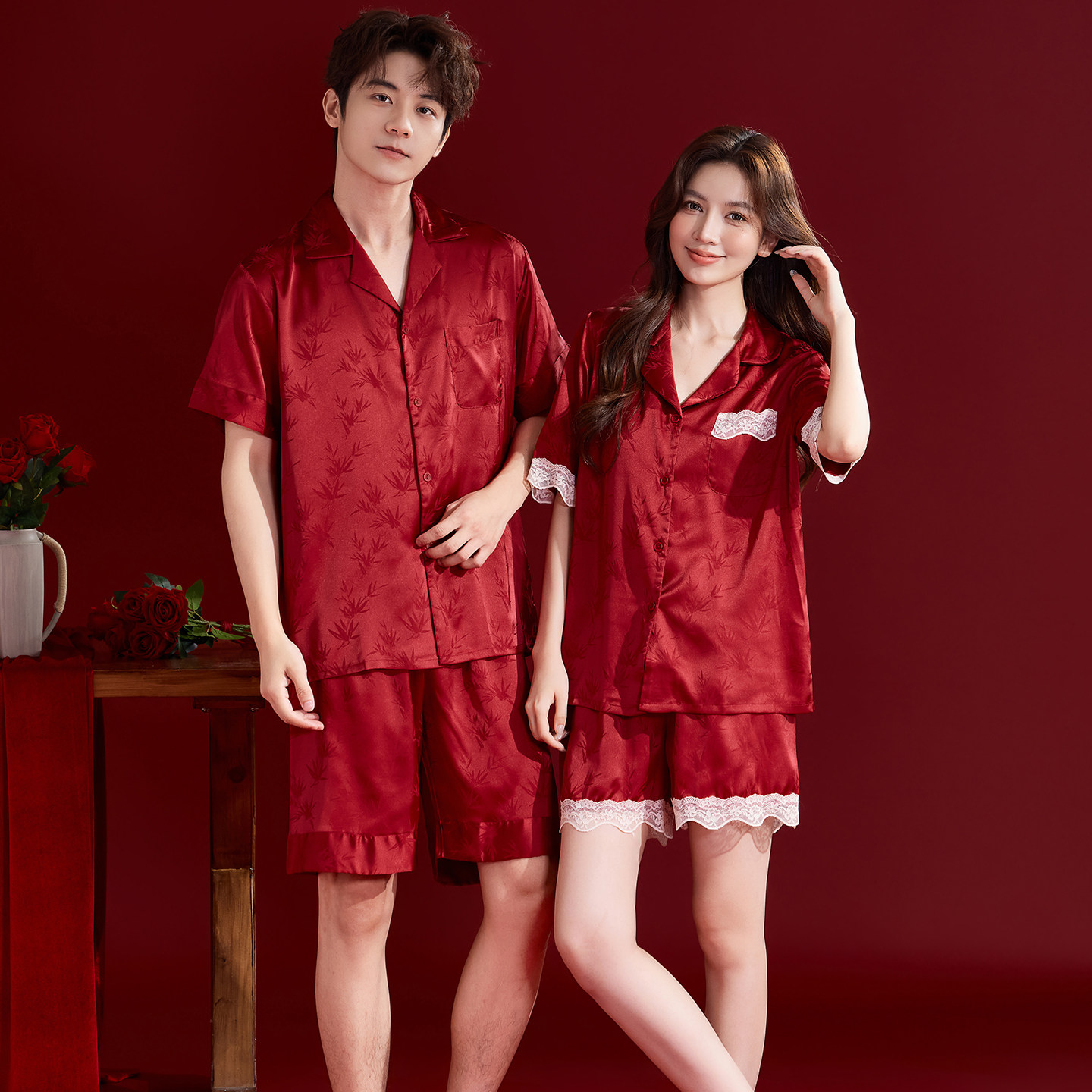 猫人红色结婚睡衣套装2026夏季冰丝新婚情侣短袖短裤家居服两件套