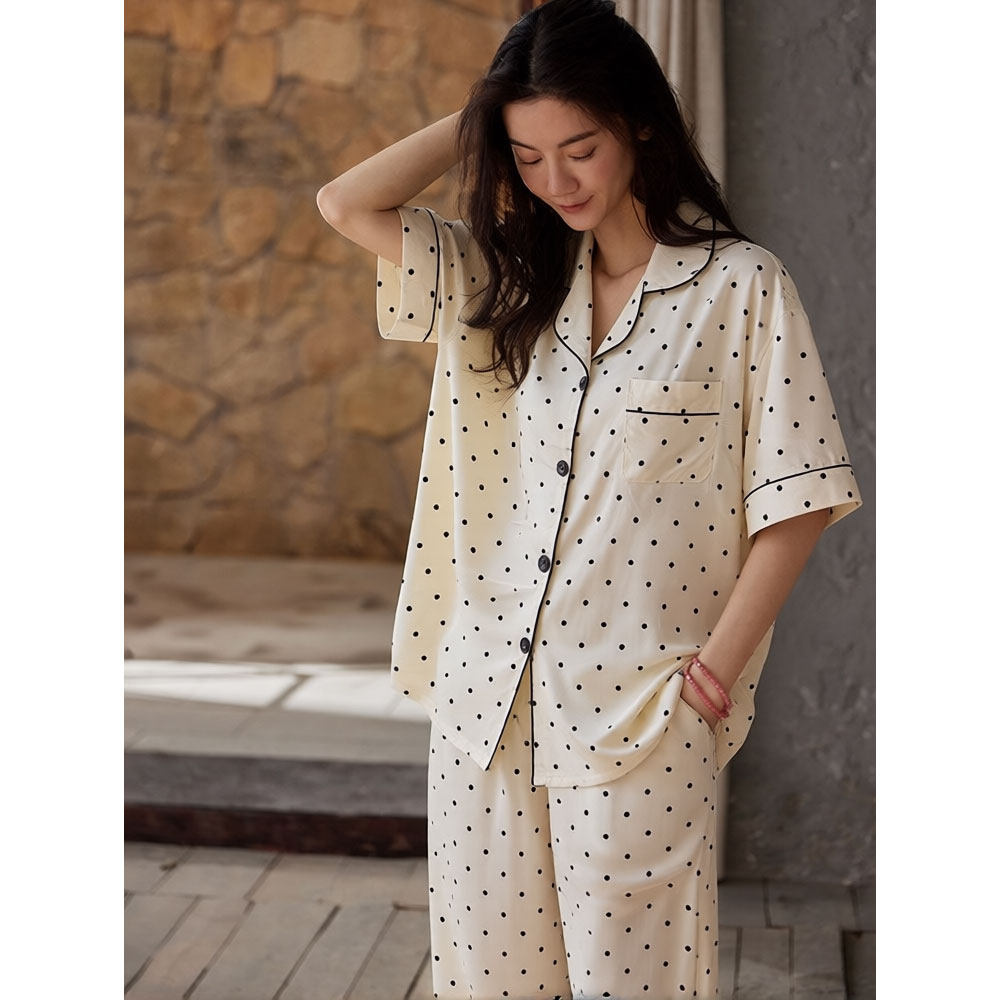 猫人冰丝睡衣套装女带胸垫家居服