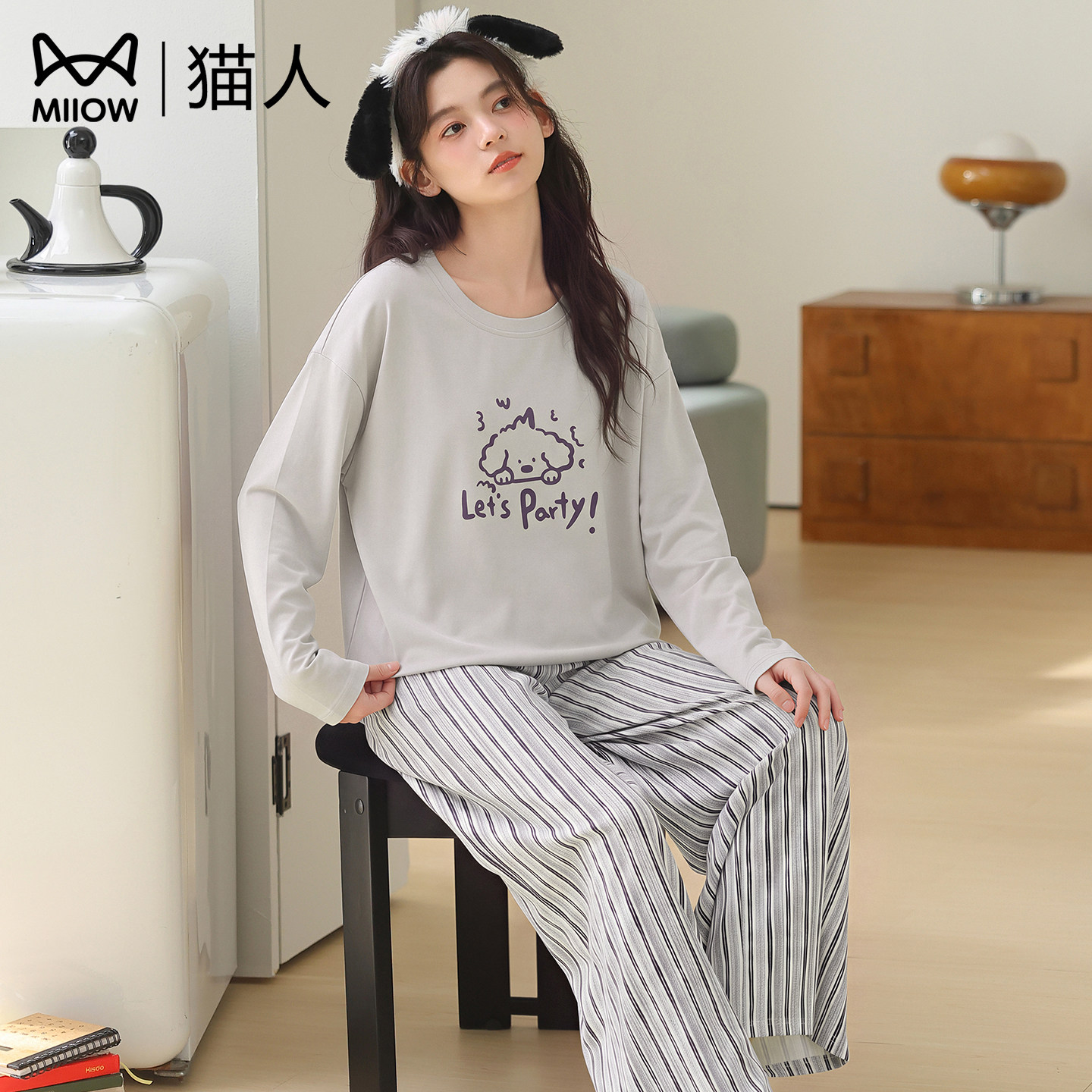 猫人纯棉睡衣女宿舍带胸垫两件套
