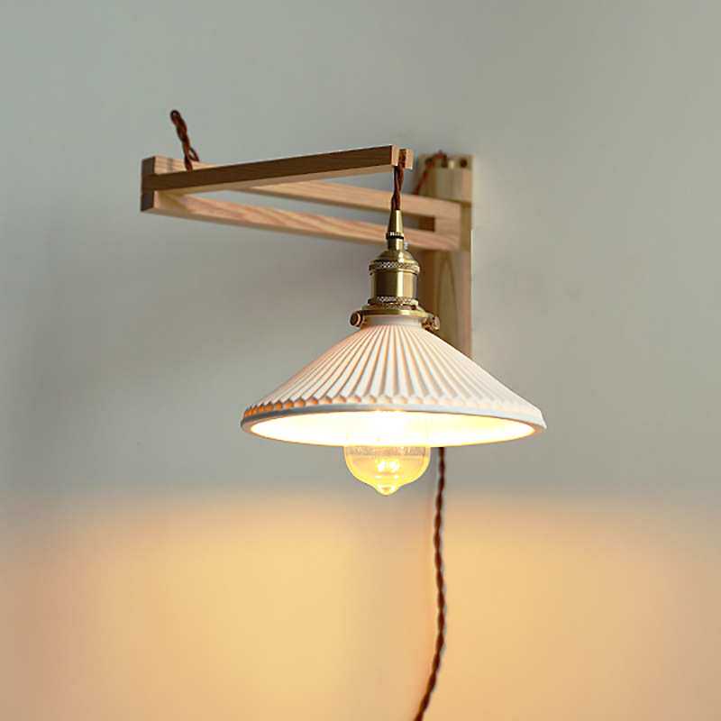 日式黑胡桃木伸缩免接线壁灯复古书房卧室床头灯折叠陶瓷壁挂式灯