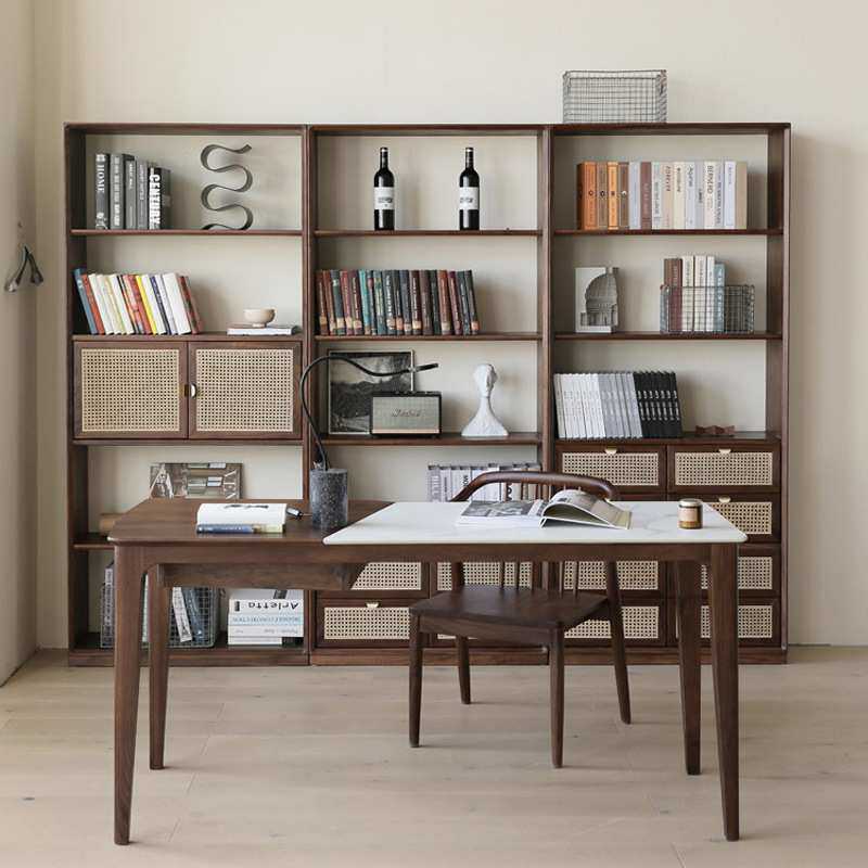 北欧全实木书柜书架简约现代黑胡桃木书架藤编落地收纳柜置物斗柜