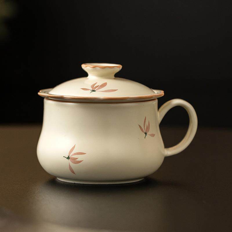 米黄釉兰花中式办公杯茶水分离杯子个人专用马克杯陶瓷茶具泡茶杯