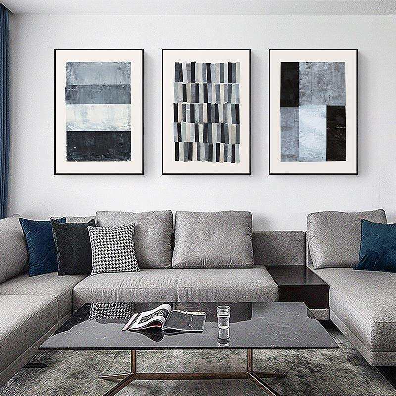 现代简约客厅装饰画抽象马赛克图案蓝灰色三联挂画墙画厂家