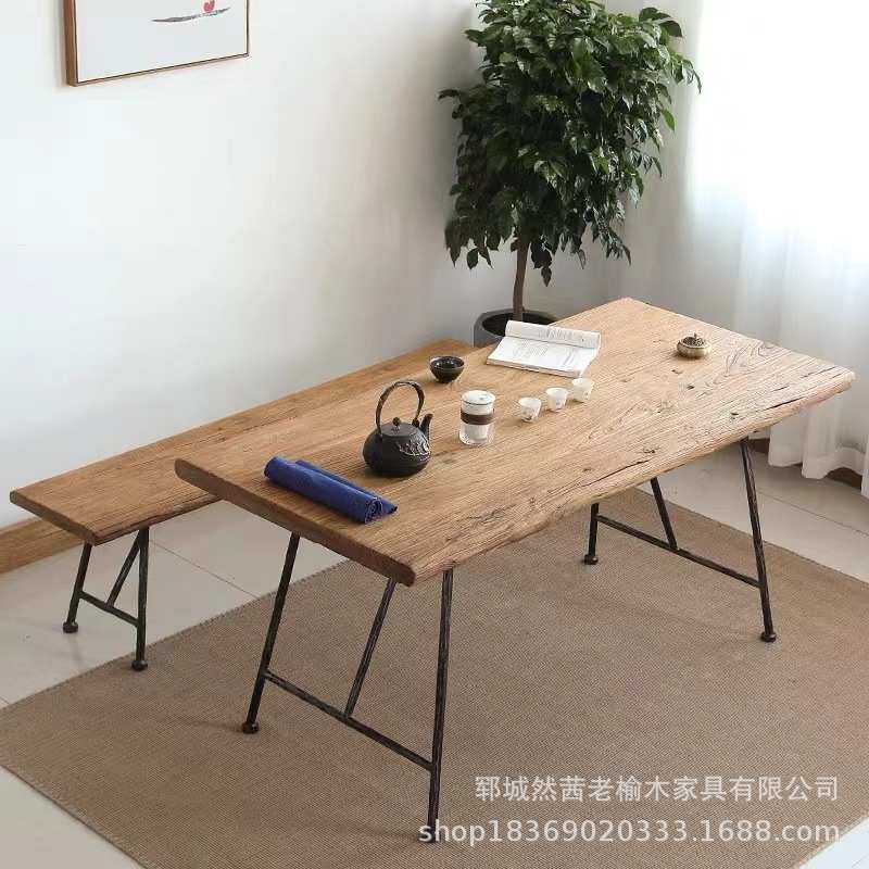 复古老榆木茶桌老门板长方形办公桌子学生书房写字桌禅意喝茶餐桌
