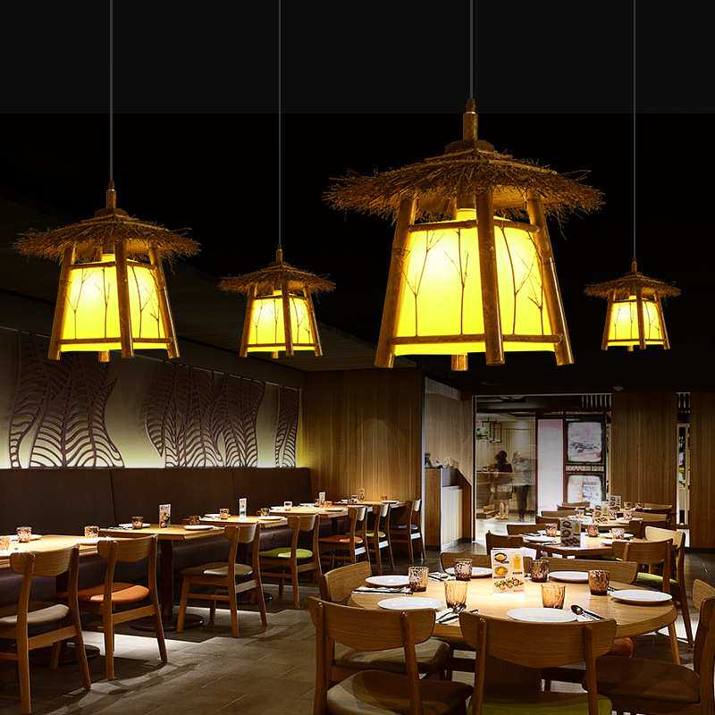 禅意仿古亭子吊灯中式餐厅茶室民宿庭院茅草房子竹编竹艺创意灯具
