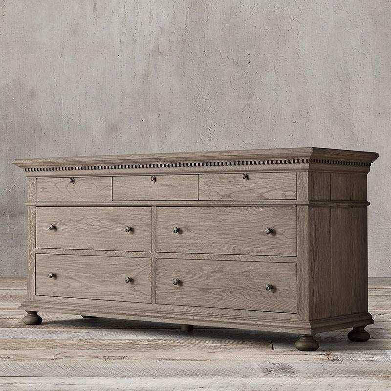 RH实木斗柜美式乡村仿古做旧橡木灰抽屉柜七斗柜客厅卧室收纳边柜